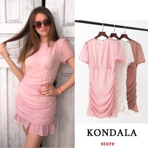 KONDALA Women Dress Za 2021 Dot Chiffon Sexy Sheath Mini Dress Short Sleeve O Neck Ruffles Vintage Party Dress Female Vestidos