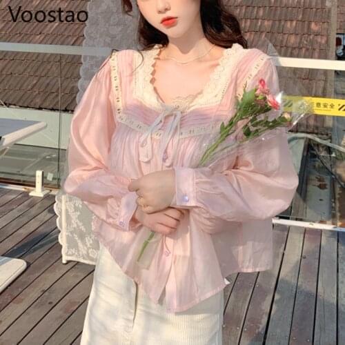 Sweet Lolita Pink Elegant Blouses Spring Autumn Women Harajuku Lace Bow Chiffon Shirts Girly Kawaii Chic Loose Tops Blusas Mujer