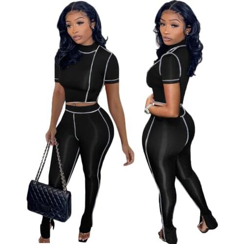 Fashion Casual Party 2 Piece Set Women 2021 Plus Size Crop Top Short Sleeve Slit Long Pants Matching Sets Club Two Piece Suit