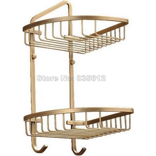 2 Tier Antique Brass Wall Mounted Bathroom Large Corner Shower Storage Basket / Bathroom Shelves Wba046