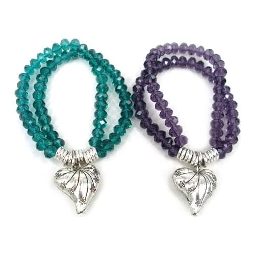 New Arrive Free Shipping 8mm facet crystal glass beads with heart flower charm double row ladies bracelet
