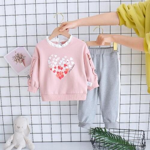 Baby girl clothes spring and autumn cotton suit girls clothes round neck lace love printing baby girl leisure two-piece suit