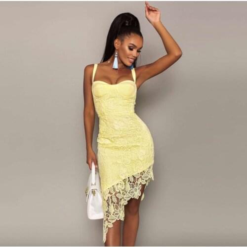 Autumn White Yellow Lace Bodycon Dress Vestidos Sexy Spaghetti Strap Backless Celebrity Party Mini Dress 2020 New Clothing