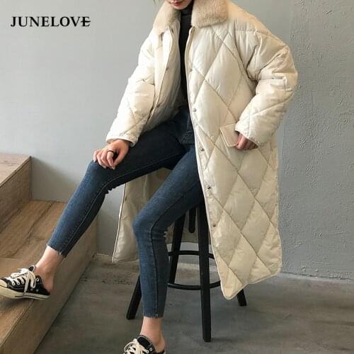 Winter Women Fur Collar Oversize Rhombus Pattern Long Parkas Pocket Female Warm Long Cotton Overcoat Single Breasted Outwears