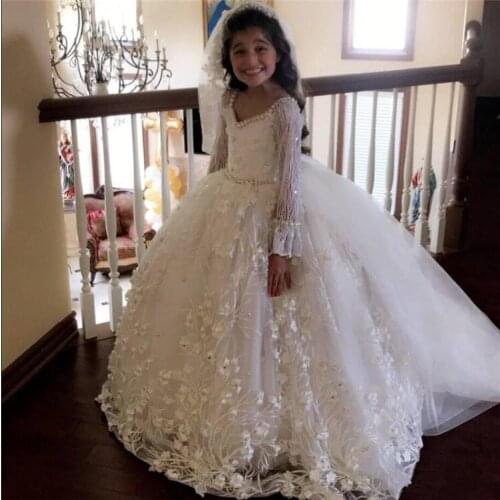 Fabulous Flower Girl Dress for Wedding Floral Appliques Pearls Girls Birthday Gowns Custom Made Longo First Communion Dress