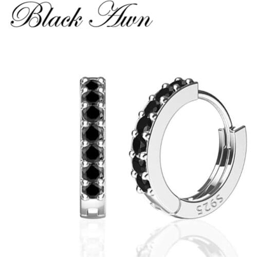 Black Awn New Classic 925 Sterling Silver Round Black Trendy Spinel Engagement Hoop Earrings for Women Fine Jewelry I177