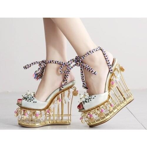 Cage Fretwork Wedge Heels Peep Toe Pearls Woman Ropes Lace Up Platform Sandals Sweet 3D Floral Iron Net Shoes