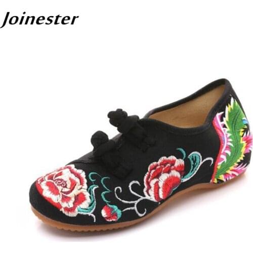 Floral Embroider Women Ethnic Button Loafers Girls Spring Canvas Dress Shoes Vintage Round Toe Flats Cover Heel Summer Sandals