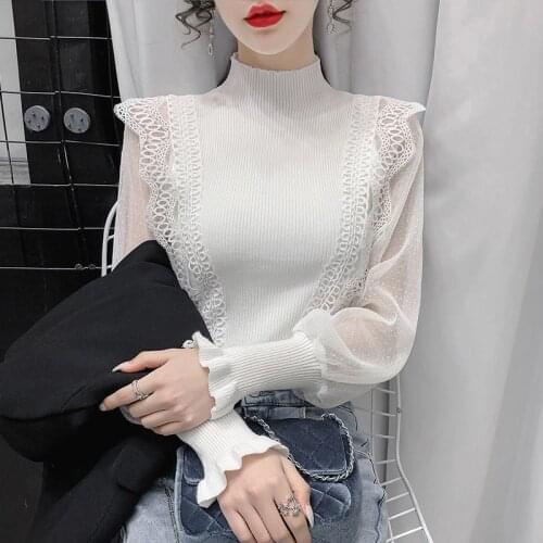 Women Lace Patchwork Sweaters 2021 Autumn Mesh See Through Long Sleeve Knitted Pullovers Elegant Sexy Mock Neck Slim Jumper Tops