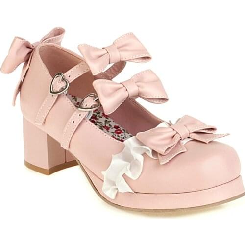 United States Womens Lolita Shoes Vintage Sweet Straps Bows Mary Janes Shoes Round Toe Chunky Mid Heel Platform Pumps Princess