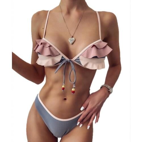 AA Womens Swimsuit Lady Suit Sexy Ruffled Colorblock Bikini Bra+ Solid Color Low Waist Triangle Shorts Swimming Costume Biquini