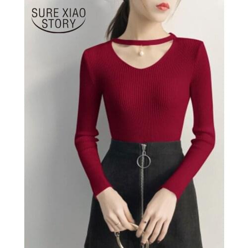 2021 Winter New Solid Streetwear Knitted Korean Pullover Burgundy Autumn Long Sleeve Sexy Slim Tops V-neck Sweaters Women 16641