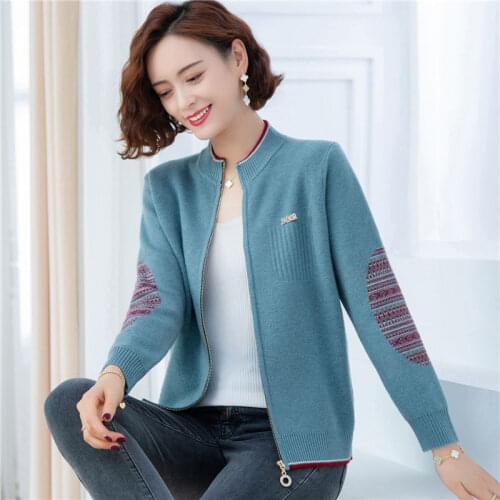Retro Jacquard Knitted Cardigan Ladies Loose Korean Stand Collar Fashion Casual Knit Sweater Coats 2021 Fall New Zipper e211