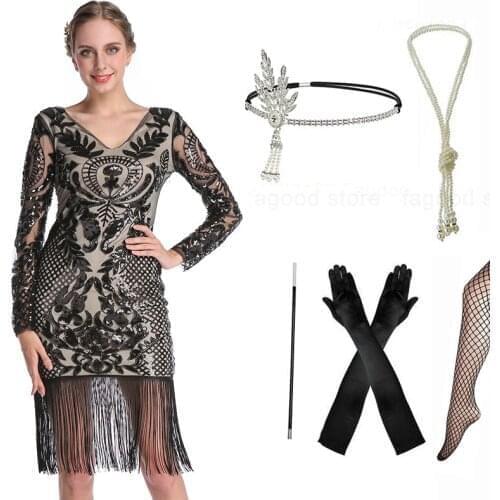 Bridal Women 1920s V Neck Sequins Beaded Fringed Gatsby Theme Roaing Arc Wedding Party Flapper Tassel Dress with Accessories Set