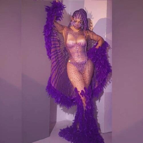 Sexy Party Evening Rhinestone Feathers Mermaid Dress Women Crystal Jumpsuit + Transparent Dress Prom Outfit Sets Stage Costumes