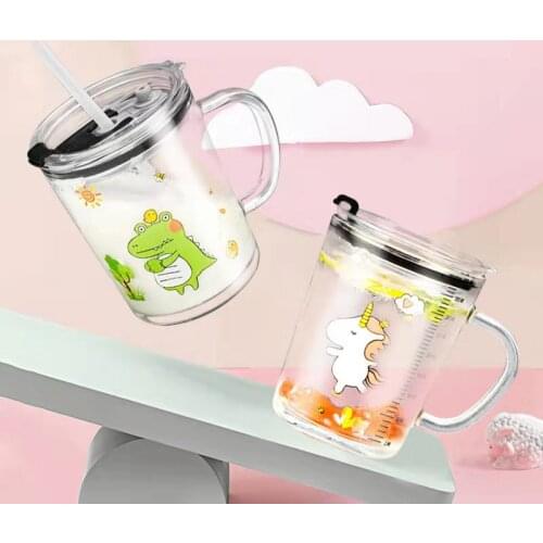 2pcs 400ml Milk Coffee Cup wih Cover Handle Heat-Resistant Giraffe Scale Glass Cup Kids Baby Cartoon Animal Unicorn Water Bottle