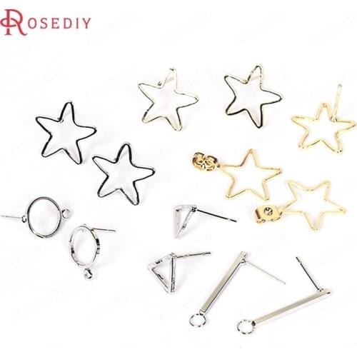 20PCS Gold Color Plated Brass Star Round Circle Triangle Rod Shape Stud Earrings Diy Jewelry Findings Earrings Accessories