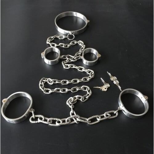 304 Stainless Steel Lockable Neck Collar Hand Ankle Cuffs Femdom Slave BDSM Bondage Handcuffs Leg Restraints Sex Toy For Couples