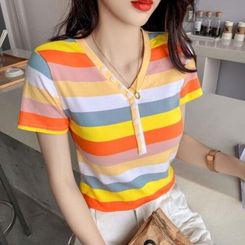 #6253 Colorful Striped T Shirt Women V Neck Buttons Sexy Basic Short T Shirt Femme Cotton Short Sleeve T-shirt Girl Summer Tops