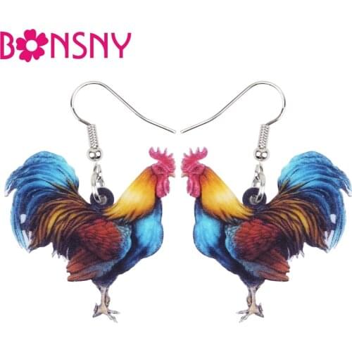 Bonsny Acrylic Floral Novelty Rooster Chicken Earrings Big Long Dangle Drop Farm Animal Jewelry For Girl Women Ladies Teens Bulk