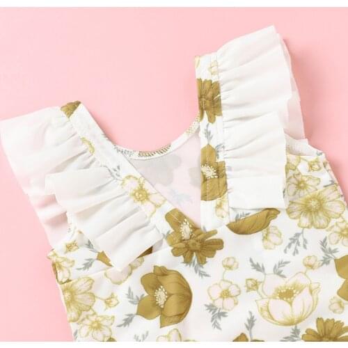 Baby Girl’s Sweet Flower Printing One-Piece Swimsuit Fashion Flounce Sleeveless Triangle Swimsuit