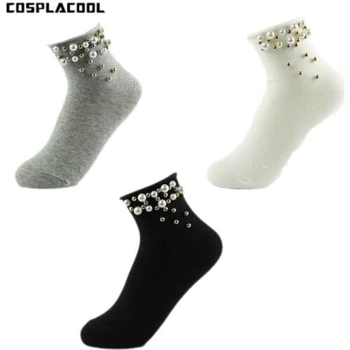 [COSPLACOOL]New Arrived Harajuku Korean Fashion Shining Pearl Women Socks Meias Soft Ladies Crimping Short Sock Calcetines Mujer