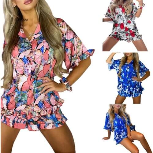 Hot Sale Summer Women Three-piece Nightwear Set, Printing Pattern Turn-down Collar Short Sleeve Tops + Shorts + Headdress
