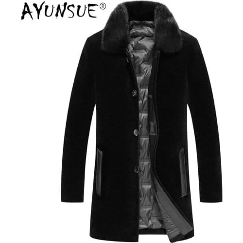AYUNSUE Mens Winter Down Jacket Thick Long Coat Men Real Sheep Shearing Parkas 100% Mink Fur Collar Clothes Ropa Hombre LXR367