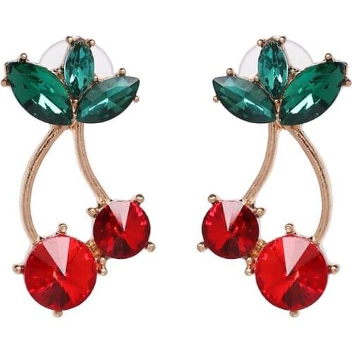 New 2019 Romantic Women Crystal Stud Earrings Green Leaf Red Cherry Fruit Earrings Sweet Earrings For Women Ear Stud Jewelry