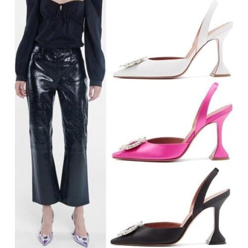 Spring New Woman Hot Pink Black White Purple Silk Sunflower Diamond Shallow Pumps Ladys Pointed Toe Slingback Wedding Shoes