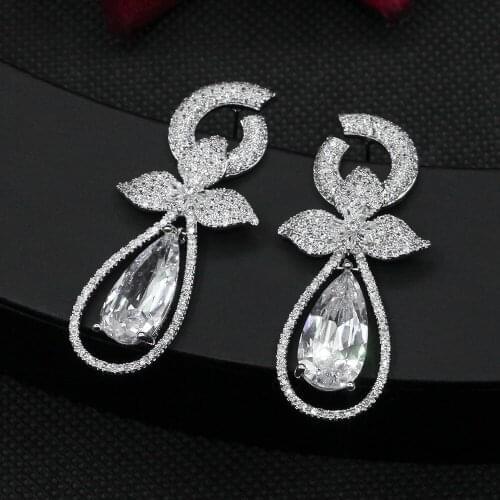 Luxury Large Leaf Drop Flower Micro Cubic Zirconia Paved Wedding Party Earring for Women accessories