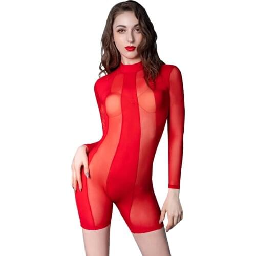 Mesh Patchwork See Through Playsuits Summer Long Sleeve Bodysuit Tights Bodystocking Hot Sexy One Piece Lingeire Leotard Catsuit