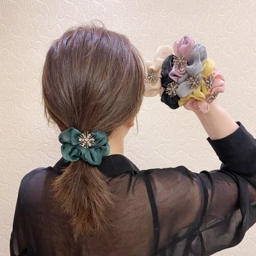 Diamond Flower Silk Hair Tie Crystal Elastic Hair Bands Fashion Hair Accessories Hair Bows Rubber Band Hair Ring Gum For Women