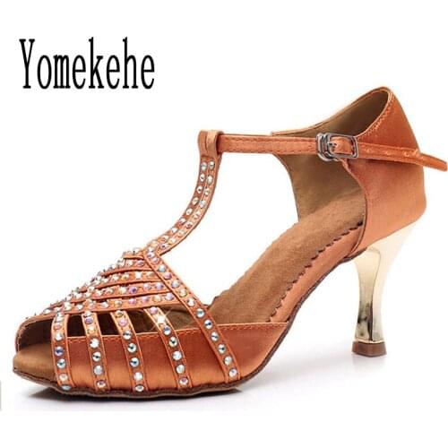 Women Ballroom Latin Dance Shoes Professional Dancing Shoes Rhinestones Girls Ladies Heeled Tango Sansa Soft Outsole Hot Selling