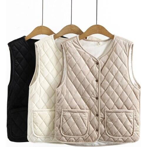 Large Size Womens Autumn Fashion Diamond Grid V-neck Corduroy Vest 2021 Winter Plus Size Outwear Versatile Warm Shoulder Coat