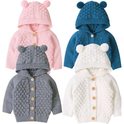 Toddler Baby Kids Boy Girls Winter Sweater Hooded Knitted Tops Warm Coat Outwear Jacket Solid Pink White Gray