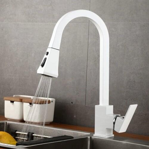 LIUYUE Kitchen Faucets White/Chrome Brass Pull Out 360 Rotate Kitchen Mixer Faucet Wash Button to Switch Sink Mixer Tap Torneira