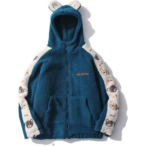Winter Thicken Lambswool Jacket Woman Cute Animal Embroidery Hooded Parkas Couple Wear Harajuku Oversize Zipper Coat Warm Winter