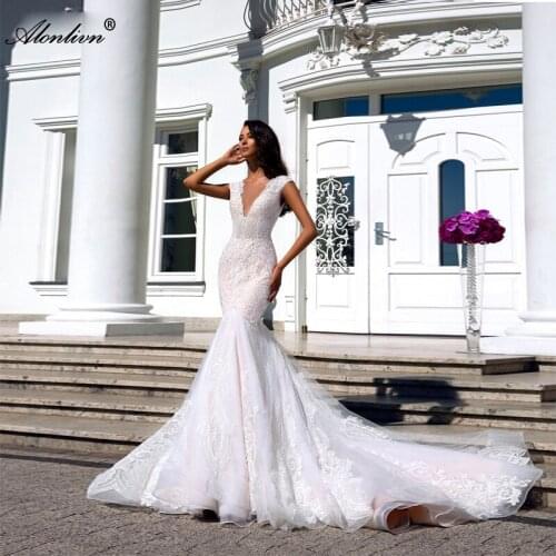 Alonlivn Wedding Dress Unique Embroidery Appliques Deep V-Neck Grid Yarn Tiered Train Trumpet Bridal Gowns