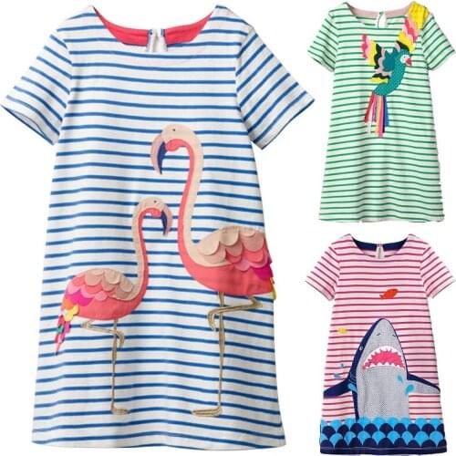 Appliques Baby Girls Dresses Striped Flamingo Children Clothes Girls One-Piece Dress Princess Kids Blouses Vestidos Outfit Tops