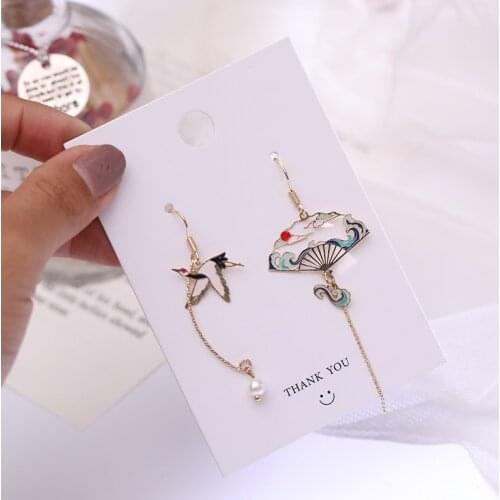 Elegant Chinese Style Fan Bird Earring For Women Simple Cute Vintage Classic Pearl Asymmetry Drop Ear Jewelry Fashion Gift