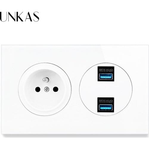 UNKAS French Standard Wall Socket + Female Dual USB 3.0 Charging Port Tempered Crystal Glass And Black Aluminum Panel Outlet