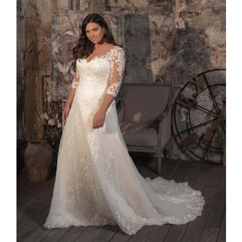 Custom Made V-neck Plus Size Wedding Dresses with Sleeves Appliqued A-line 3/4 Sleeves Lace Bridal Gown