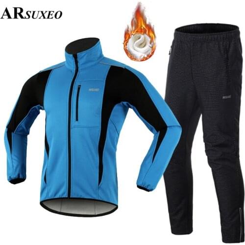 ARSUXEO Men Winter Cycling Jackets Set Fleece Thermal Windproof Waterproof Warm Bicycle Jerseys MTB Pants Bike Suits
