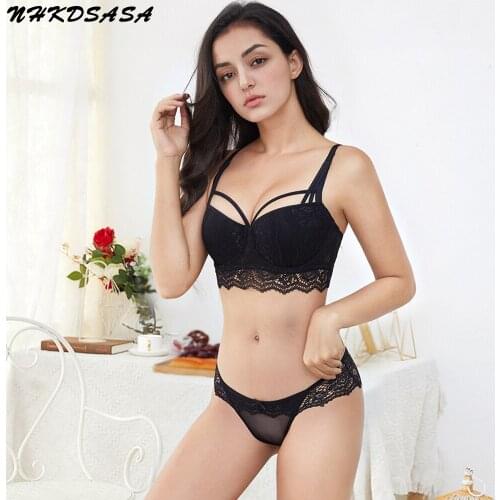 NHKDSASA Womens Push Up Sexy Bras Set Transparent Lingerie Lace Underwear Set 2pcs Erotic Bralette Female Brassiere 80B 85C