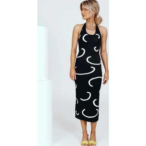 Summer Women Knit Halter Dress Adults Slim Fit Sleeveless Geometric Print U-shaped Neck One Pcs High Waist Backless Dress