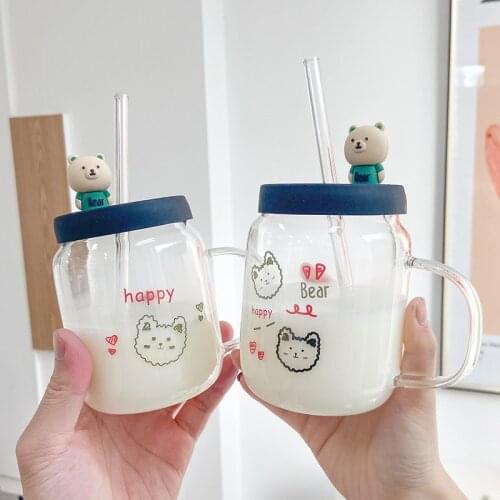 Cute Bear Straw Cup Cartoon Glass Transparent Printing Ins Large Capacity Juice Milk Tea Cup Cute Coffee Mugs and Cups Drinkware