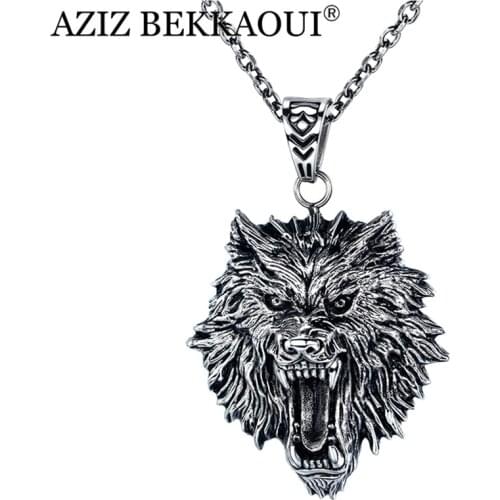AZIZ BEKKAOUI Titanium Steel Necklace Wolf Head Shaped Mens Necklace Black Simple Style Pendant Male Classic Fashion Jewelry