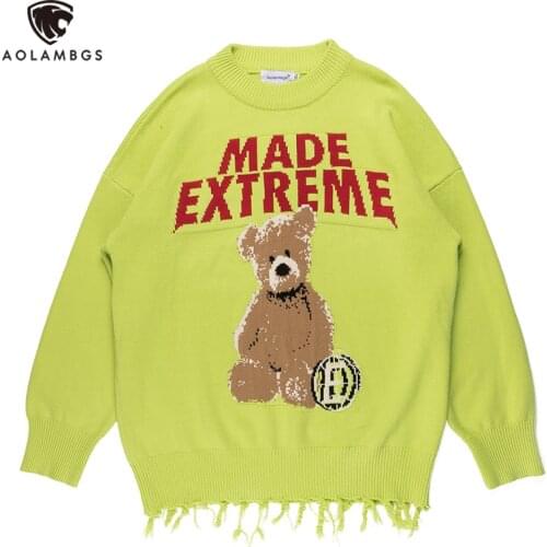 Aolamegs Sweater Men Hit Color Cartoon Bear Tassel Knitted Pullover Men O-neck Harajuku High Street Autumn Men Streetwear Couple