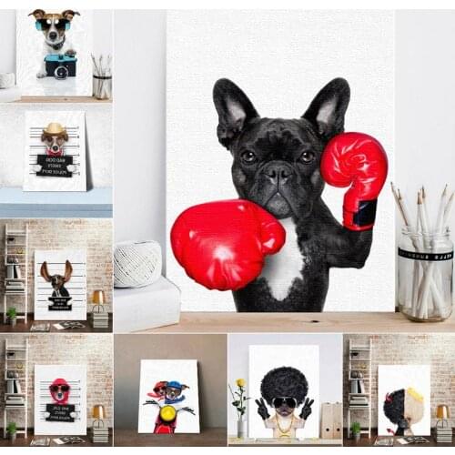 Nordic Style Boxing Dog No Frame Art Oil Canvas Painting Posters and Prints Funny Cartoon Animal Wall Pictures for Kids Room